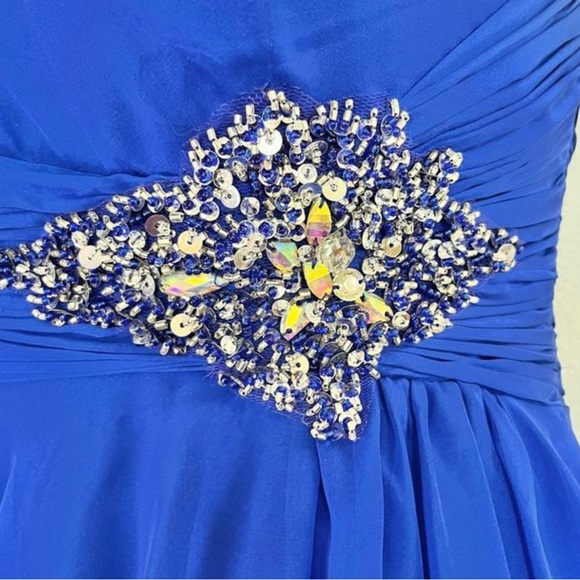 Mac Duggal One Shoulder Blue Formal Mini Dress Skater Beaded Sequins Size 14 - Picture 5 of 10